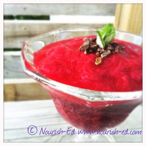 Berry Chia Pudding topped with stewed rhubarb, raw cacao nibs and fresh mint.